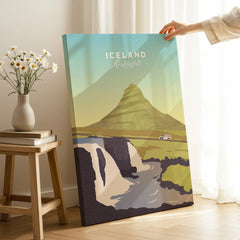 Iceland Kirkjufell travel poster wall art with mountain, waterfall, and car, perfect for home decor