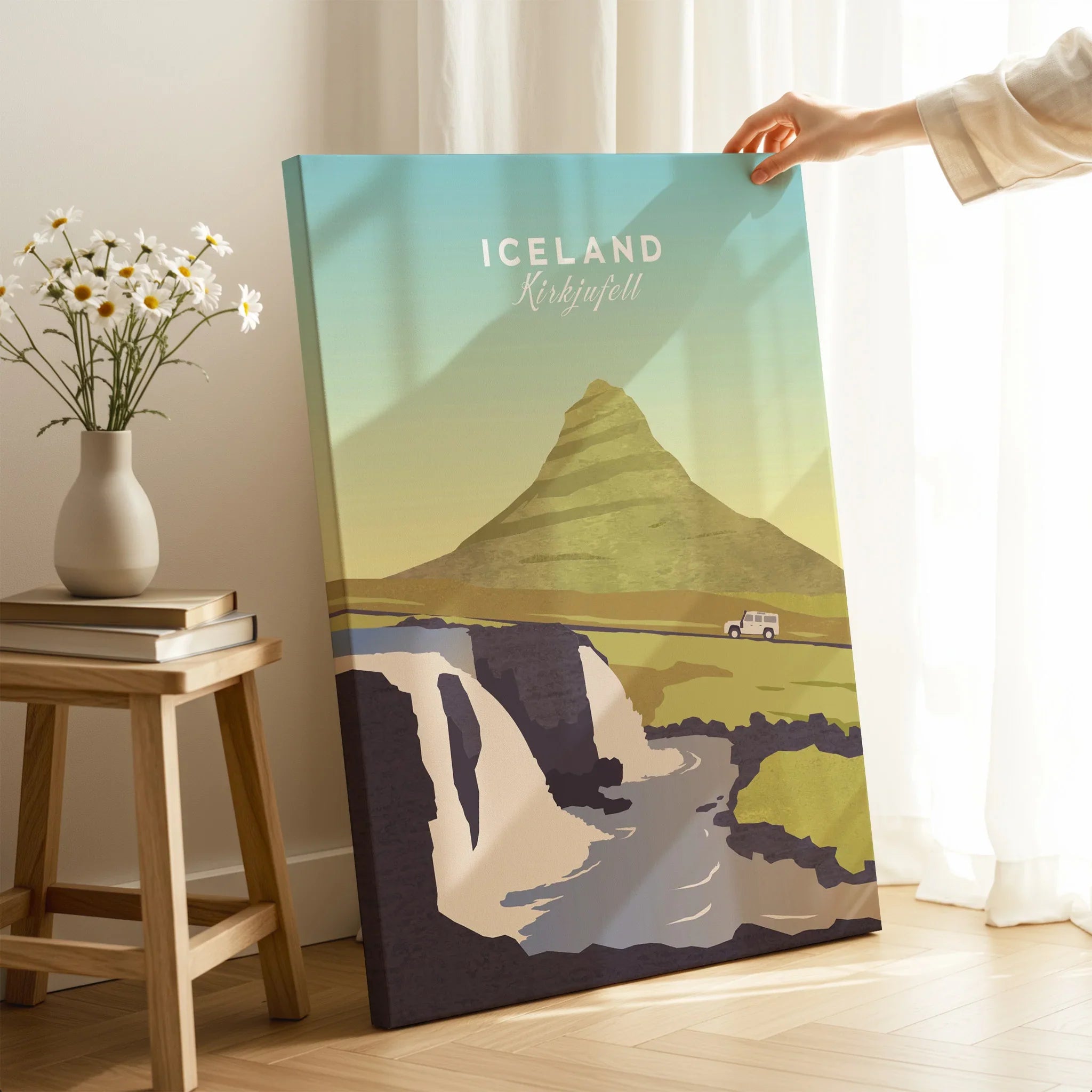 Iceland Kirkjufell travel poster wall art with mountain, waterfall, and car, perfect for home decor