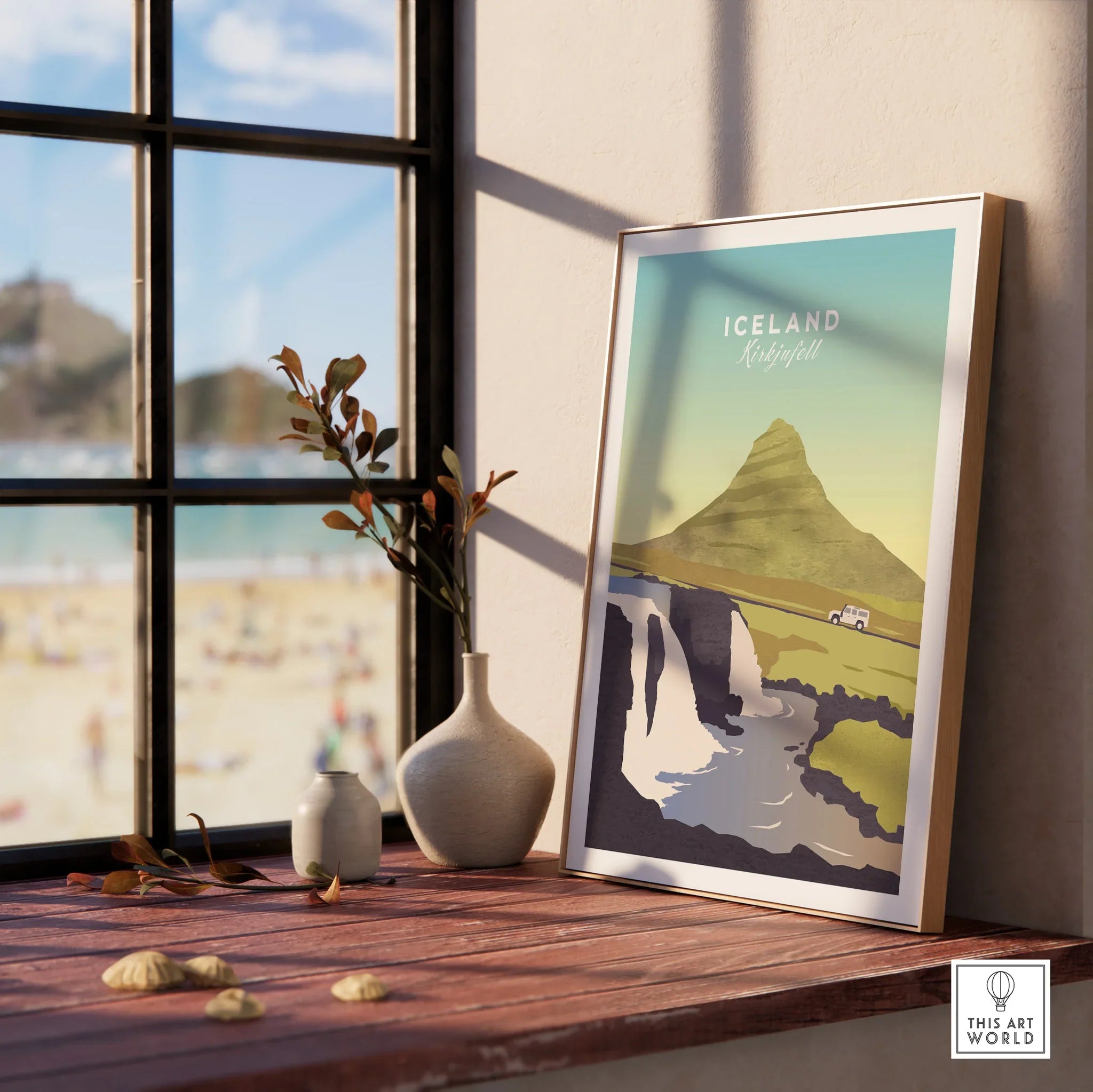 Iceland Kirkjufell travel poster print with mountain and waterfall, framed wall art for home decor