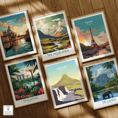 Framed travel posters of Venice, Paris, Highlands, Singapore, Iceland, Sri Lanka on wood wall
