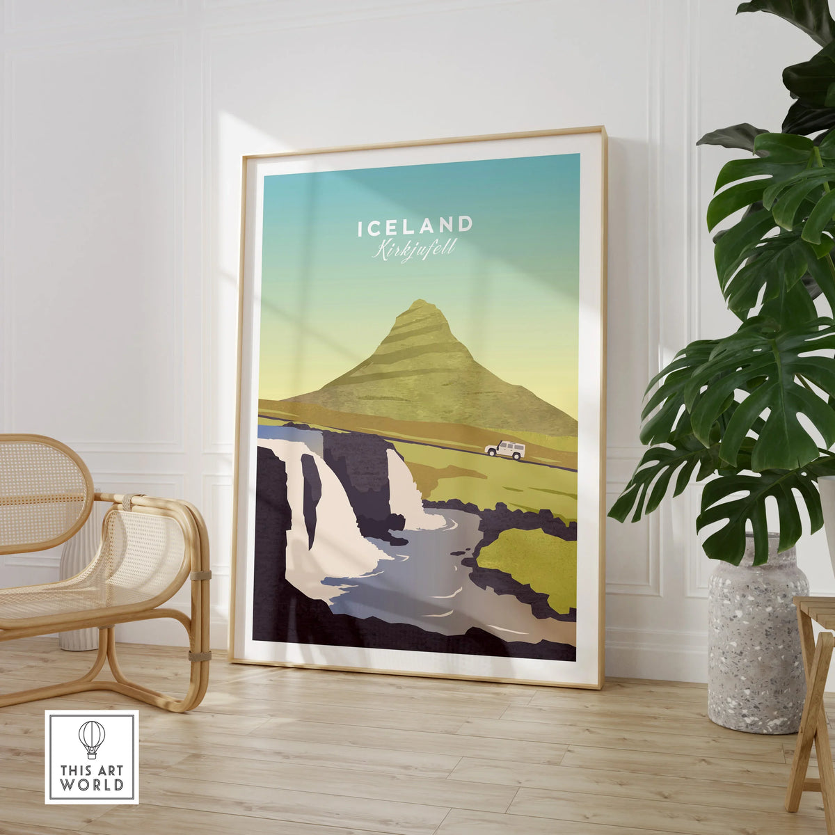 Iceland Kirkjufell travel poster with mountain, waterfall, and car, framed wall art for home decor