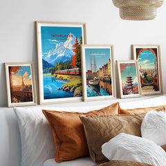 Interlaken Print Switzerland featuring beautiful landscapes and iconic train artwork in a stylish frame display.