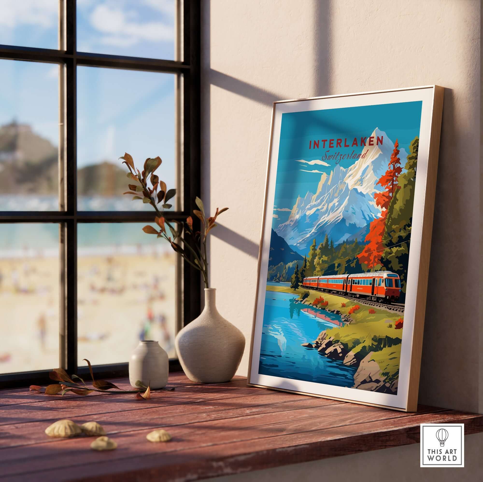 Interlaken Print Switzerland featuring stunning scenery, an iconic train, and alpine beauty in a cozy setting.