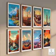 Interlaken Print Switzerland and other travel destination prints on a gallery wall.