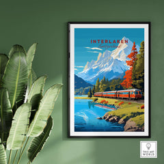 Interlaken Print Switzerland featuring a scenic train journey through the Swiss mountains and lakes.