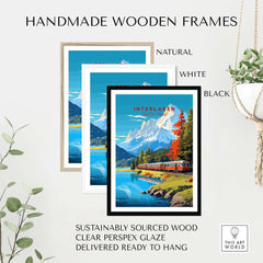 Interlaken Print Switzerland displayed in handmade wooden frames in natural, white, and black colors.