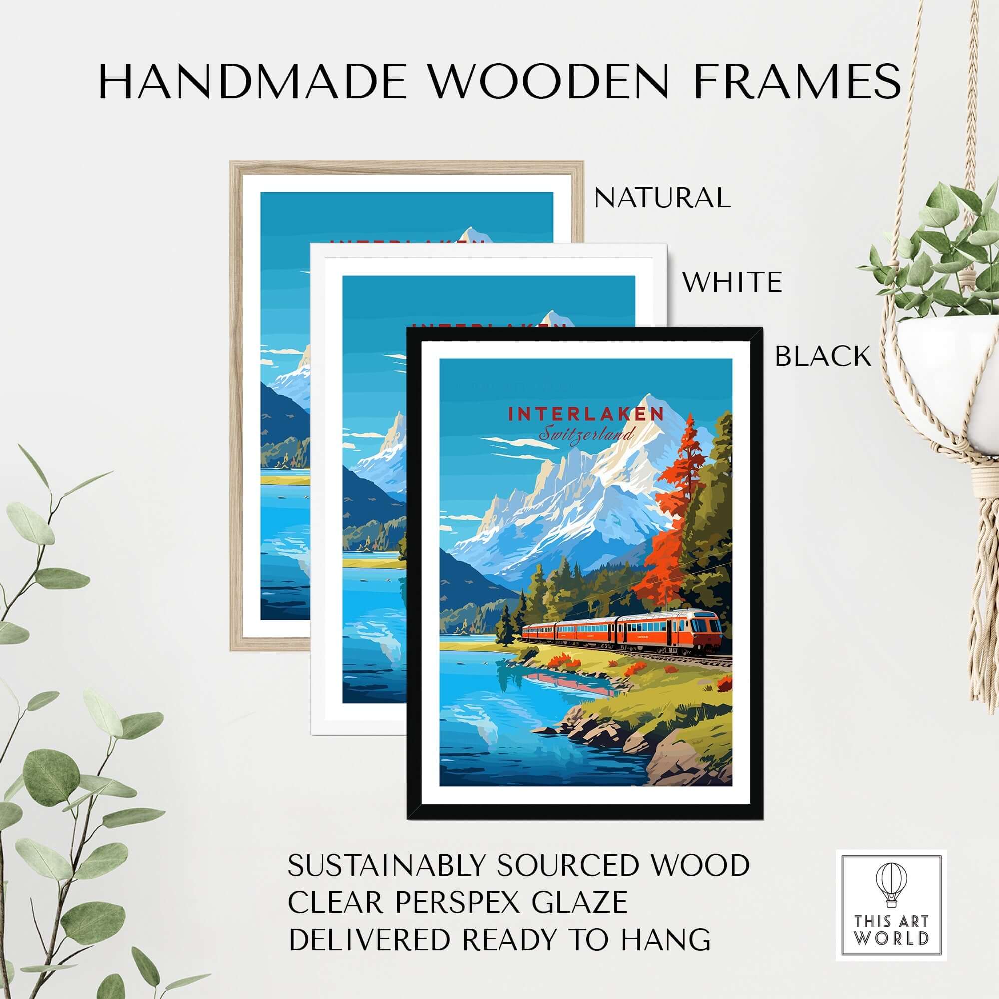 Interlaken Print Switzerland displayed in handmade wooden frames in natural, white, and black colors.