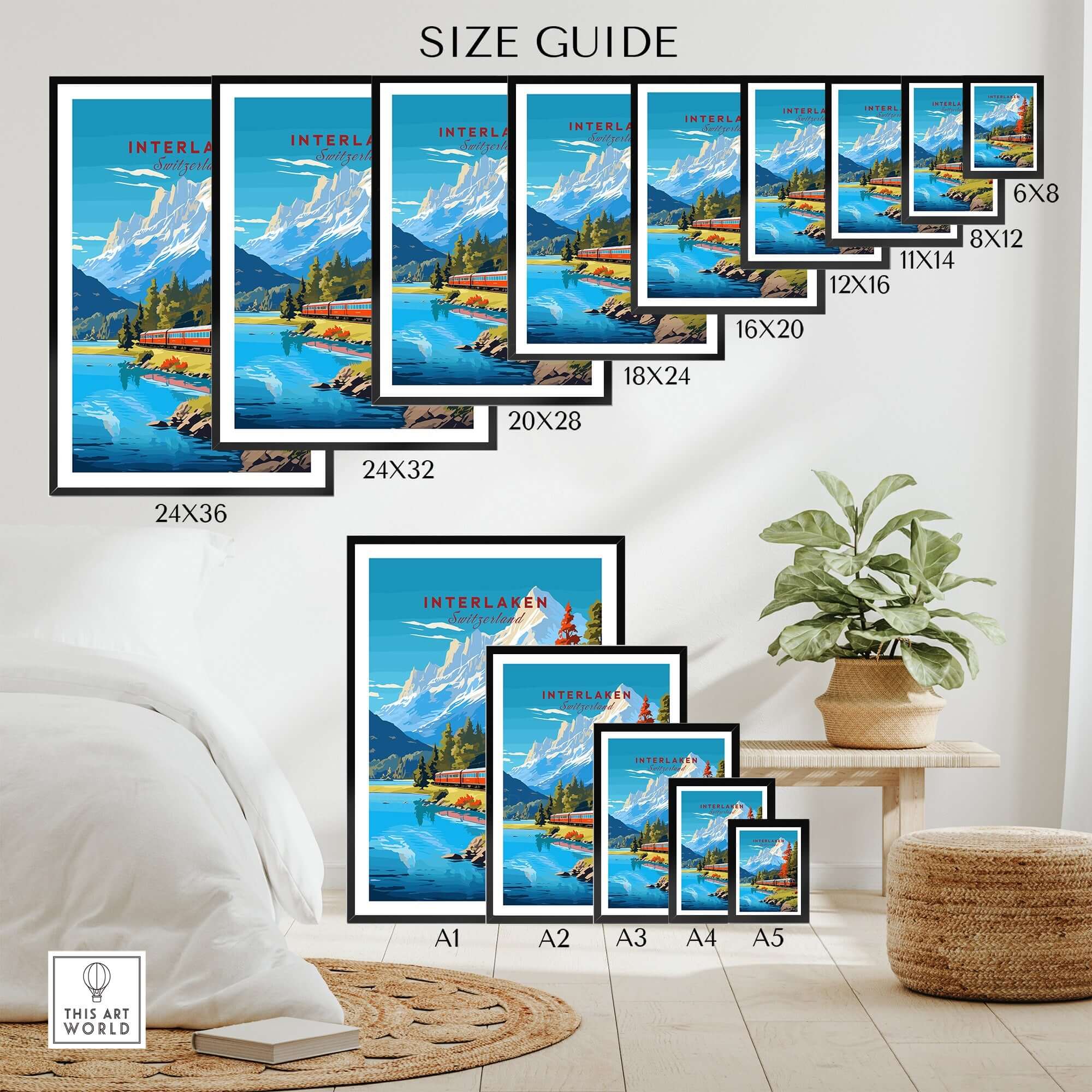 Interlaken Print Switzerland size guide showing various frame options for home decor