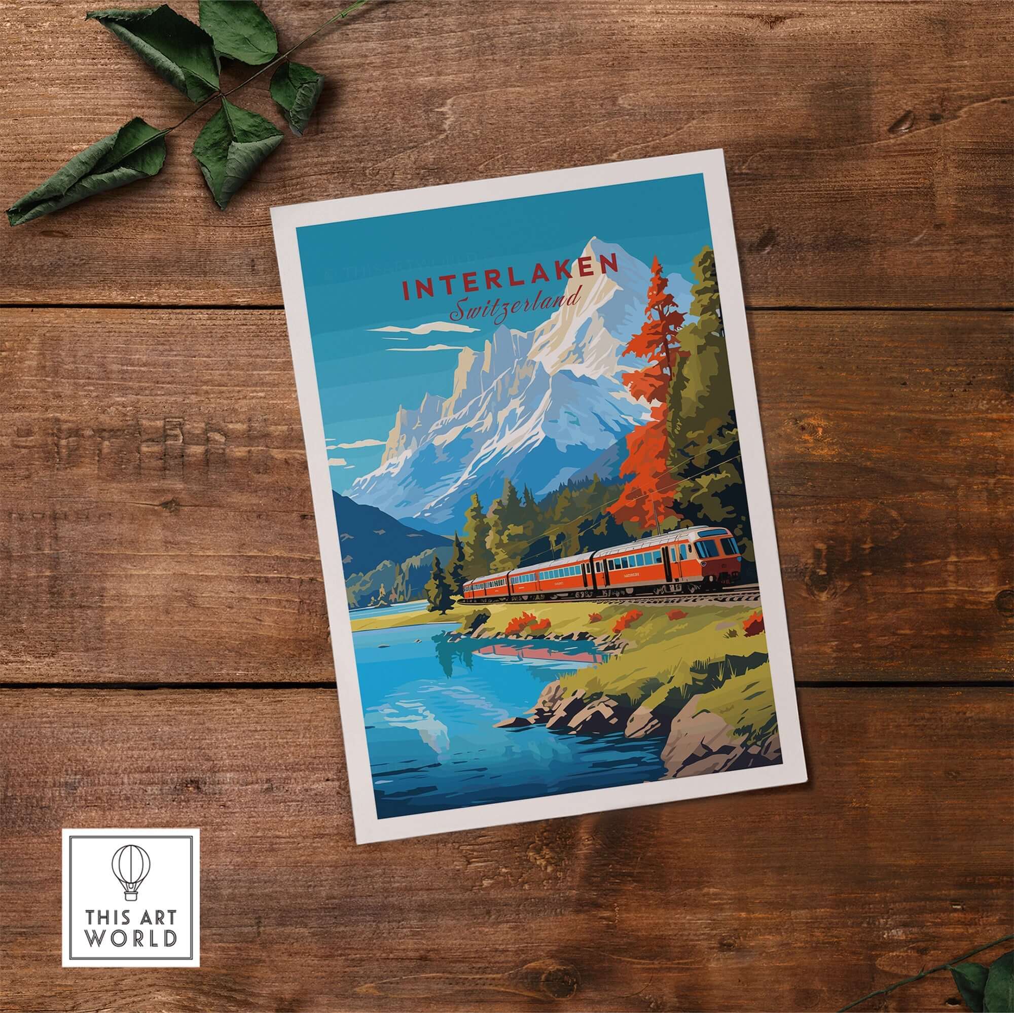 Interlaken Print Switzerland showcasing a train near mountains and trees, perfect for travel lovers.