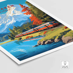 Interlaken Print Switzerland showcasing a vibrant train in a beautiful landscape of mountains and lakes.