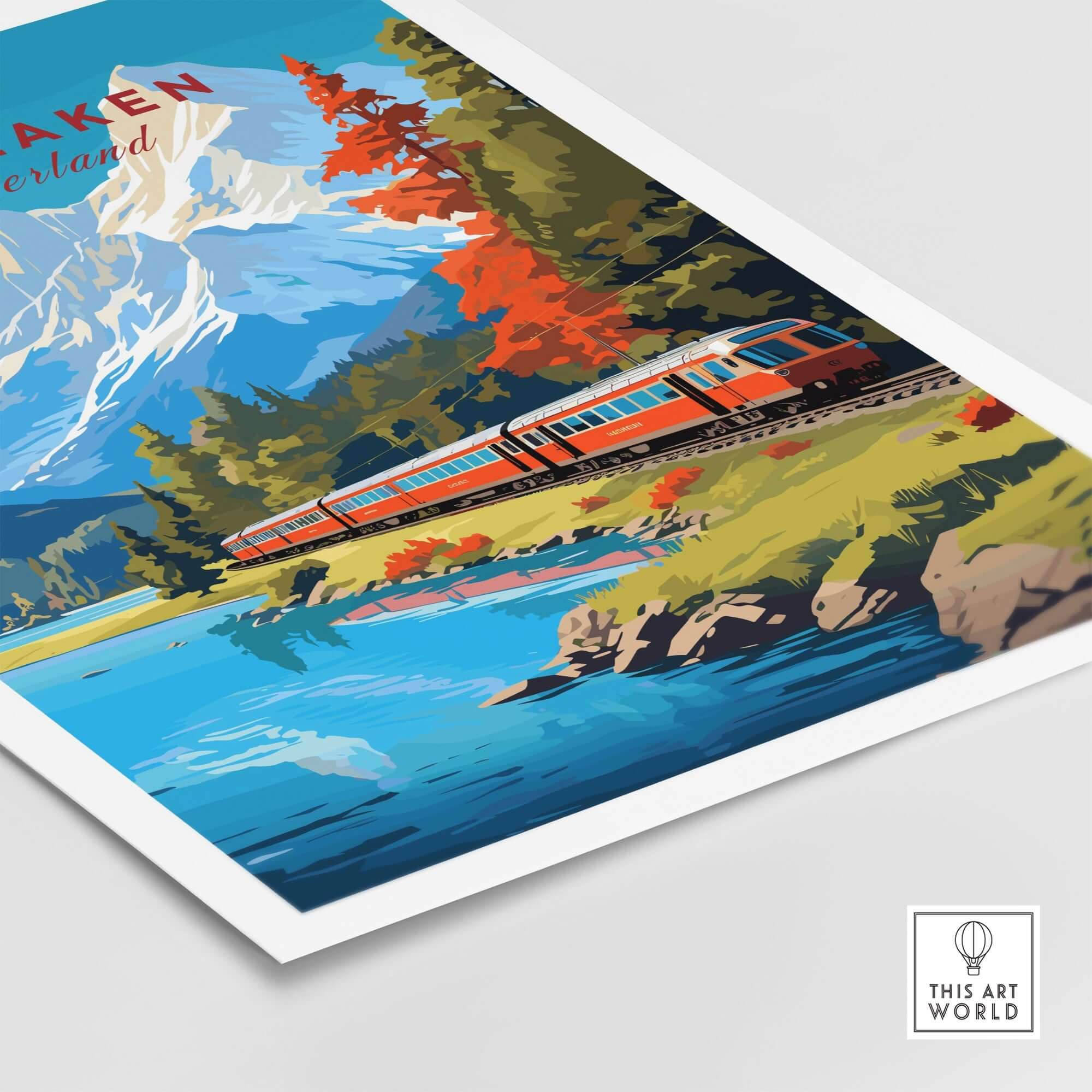 Interlaken Print Switzerland showcasing a vibrant train in a beautiful landscape of mountains and lakes.