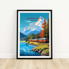 Interlaken Print Switzerland featuring a scenic train and majestic mountains in vibrant colors.