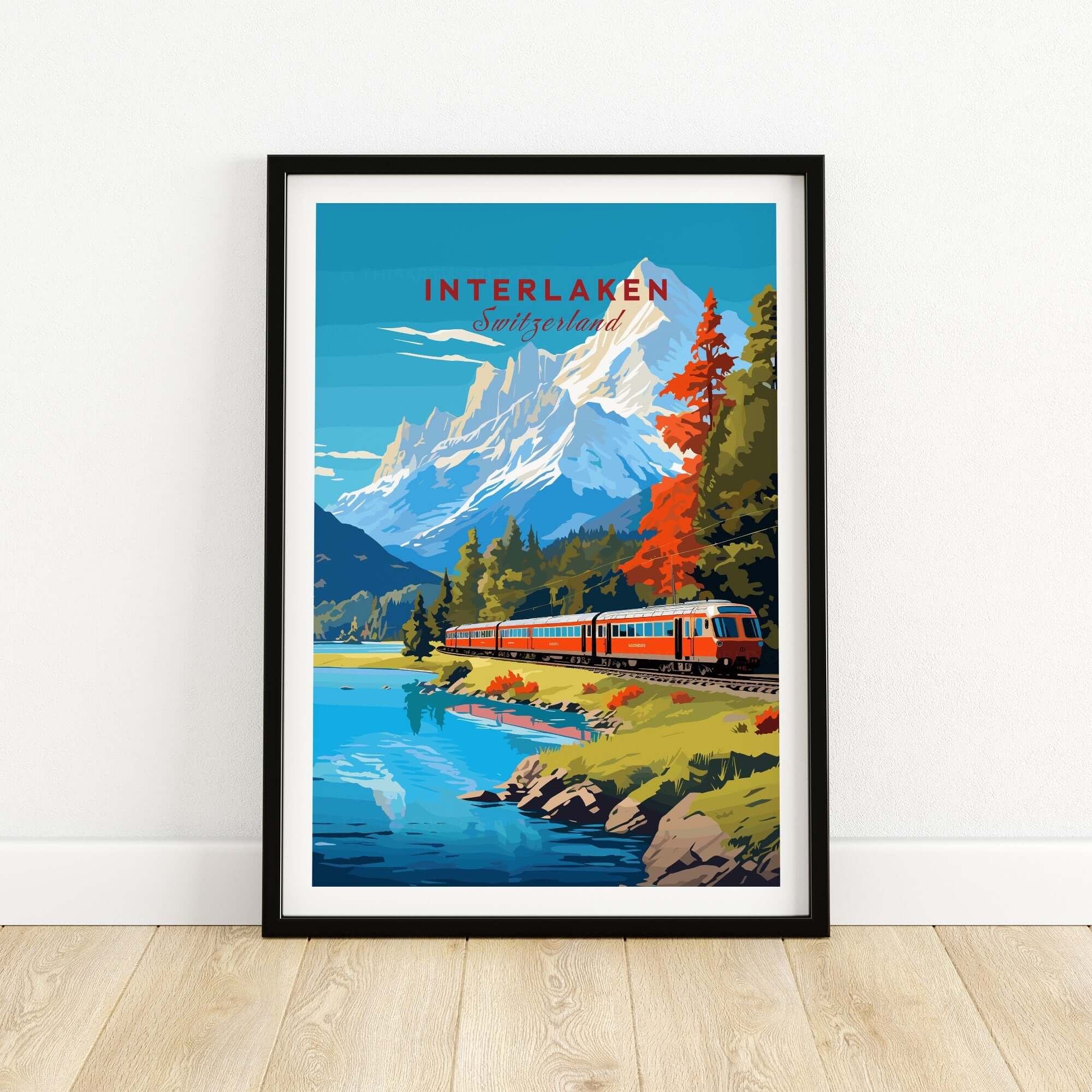Interlaken Print Switzerland featuring a scenic train and majestic mountains in vibrant colors.