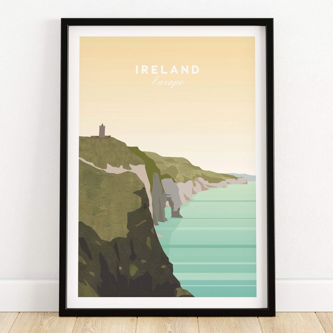 Ireland Print | Wall Art Travel Poster featuring a scenic view of Ireland's coastline and cliffs.