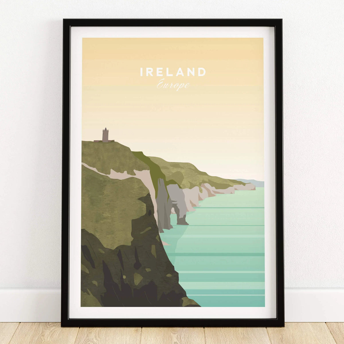 Ireland travel poster featuring coastal cliffs and ocean in minimalist wall art style