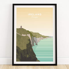 Ireland Print | Wall Art Travel Poster featuring a scenic view of Ireland's coastline and cliffs.