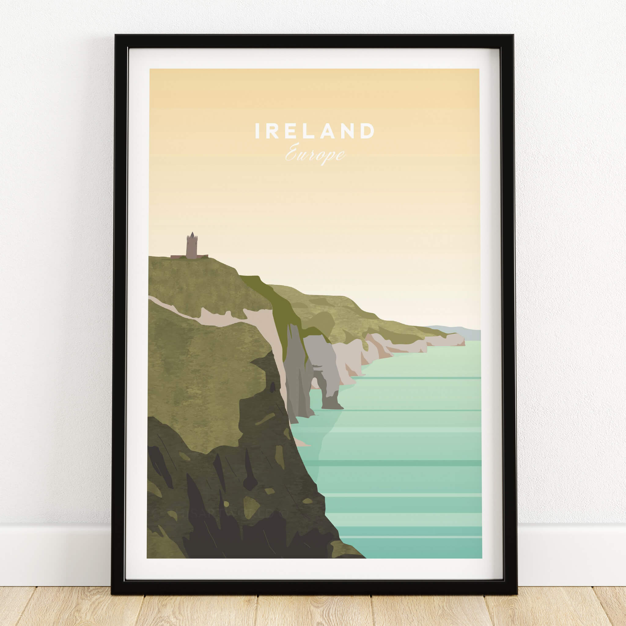 Ireland Print | Wall Art Travel Poster featuring a scenic view of Ireland's coastline and cliffs.