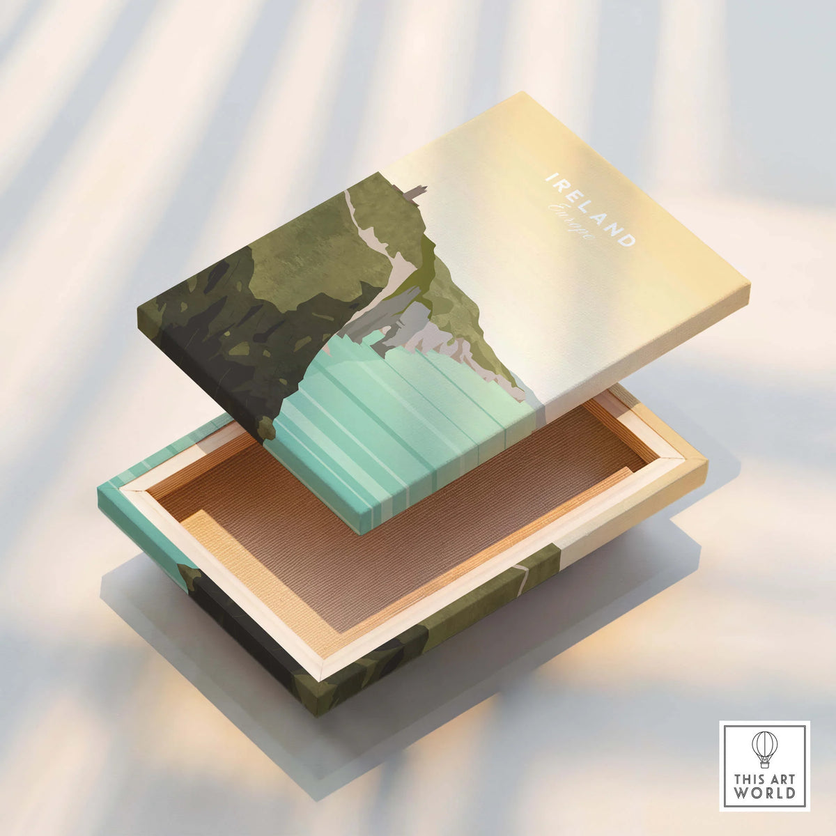 Ireland travel-themed decorative box with scenic coastline illustration and pastel colors