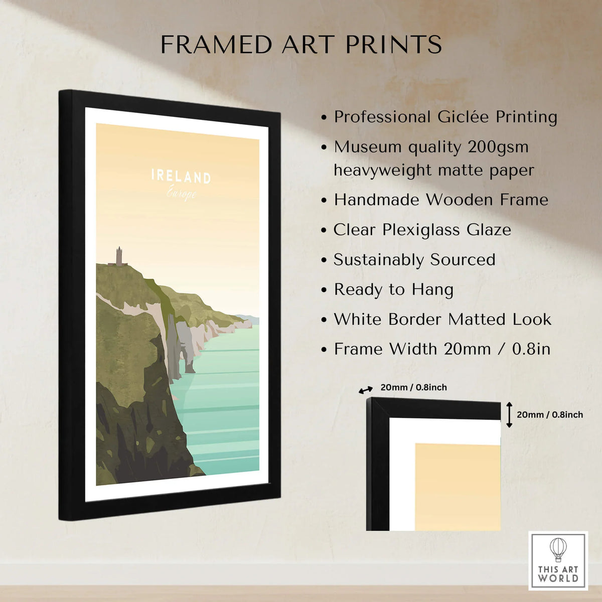 Framed Ireland travel poster art print with cliffs, sea, and sunset, modern wall decor.