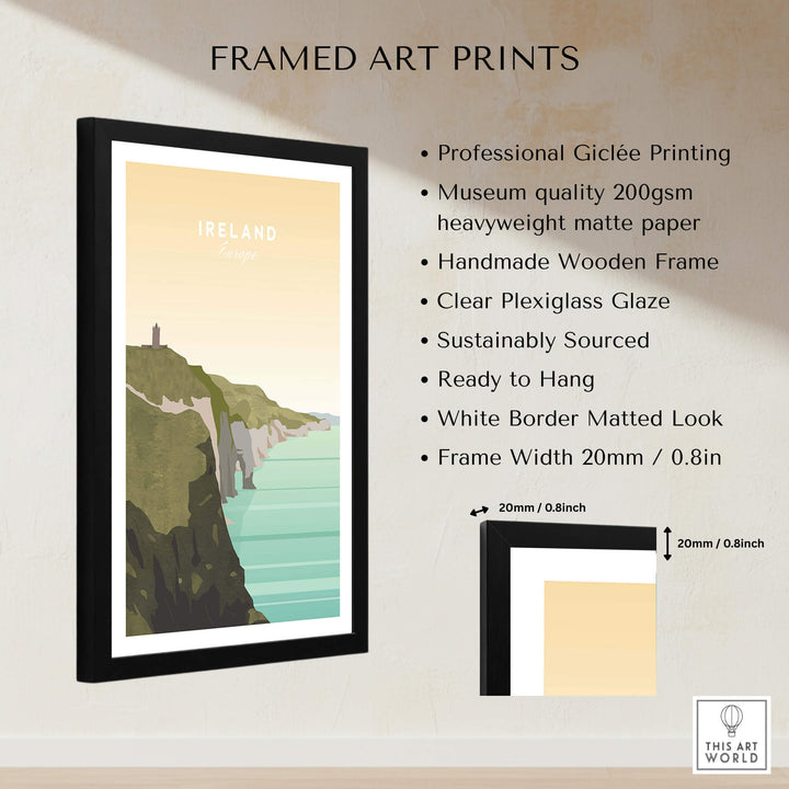 Ireland Print | Wall Art Travel Poster framed with a wooden frame and showcasing the beauty of Ireland.