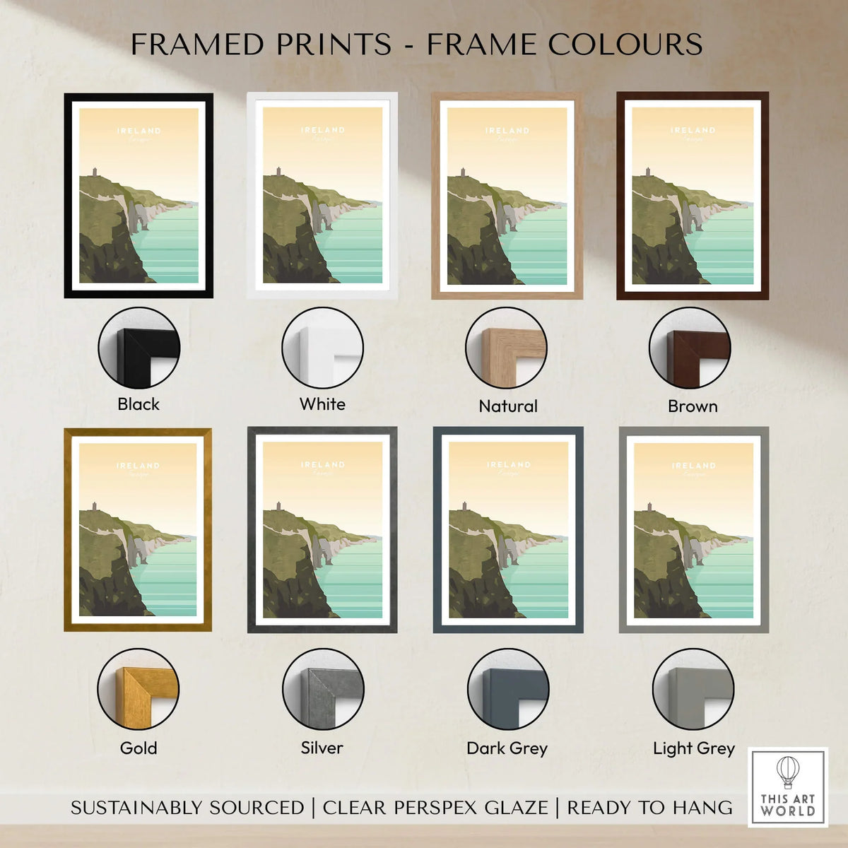 Ireland travel poster wall art with coastal cliffs in 8 frame color options