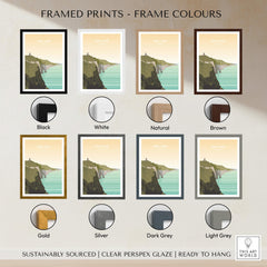 Ireland Print | Wall Art Travel Poster showcased in various frame colors including Black, White, Natural, and Brown.