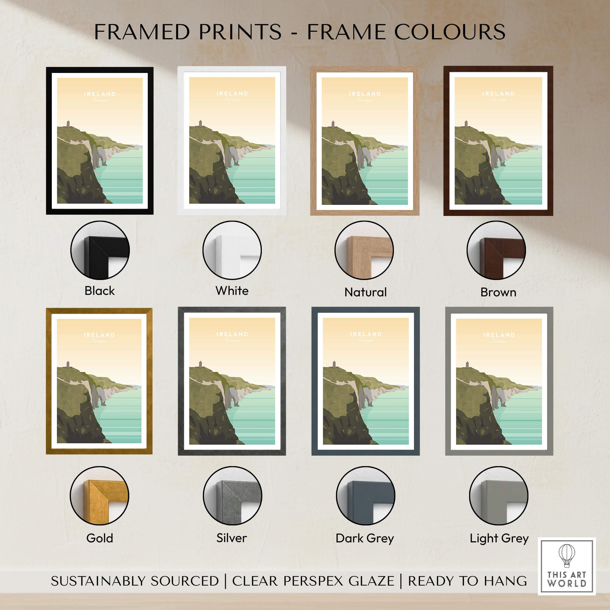 Ireland Print | Wall Art Travel Poster showcased in various frame colors including Black, White, Natural, and Brown.