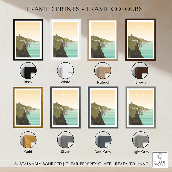 Ireland Print | Wall Art Travel Poster showcased in various frame colors including Black, White, Natural, and Brown.