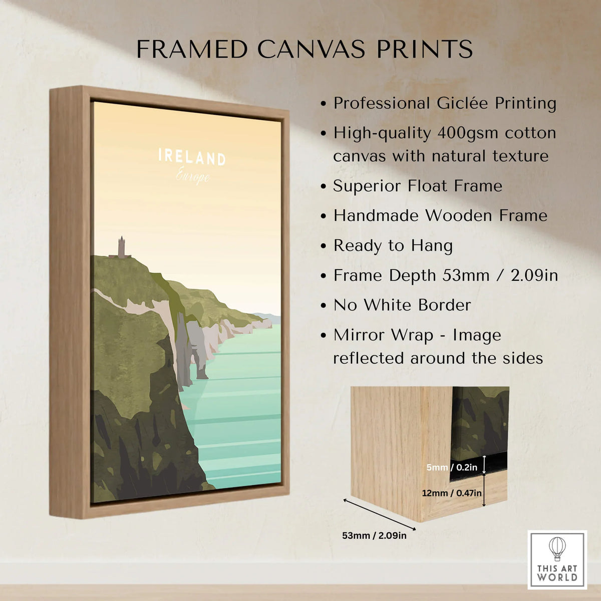 Framed Ireland travel poster print showing coastal cliffs with wooden float frame details.