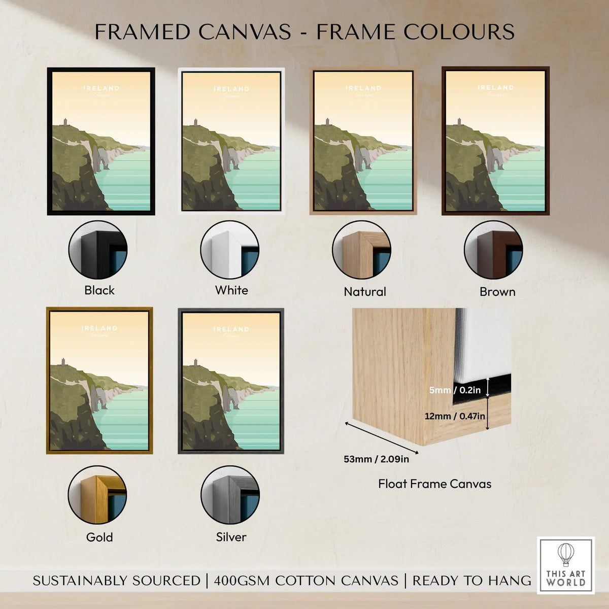 Ireland travel poster canvas with cliffs, ocean, and various frame color options.