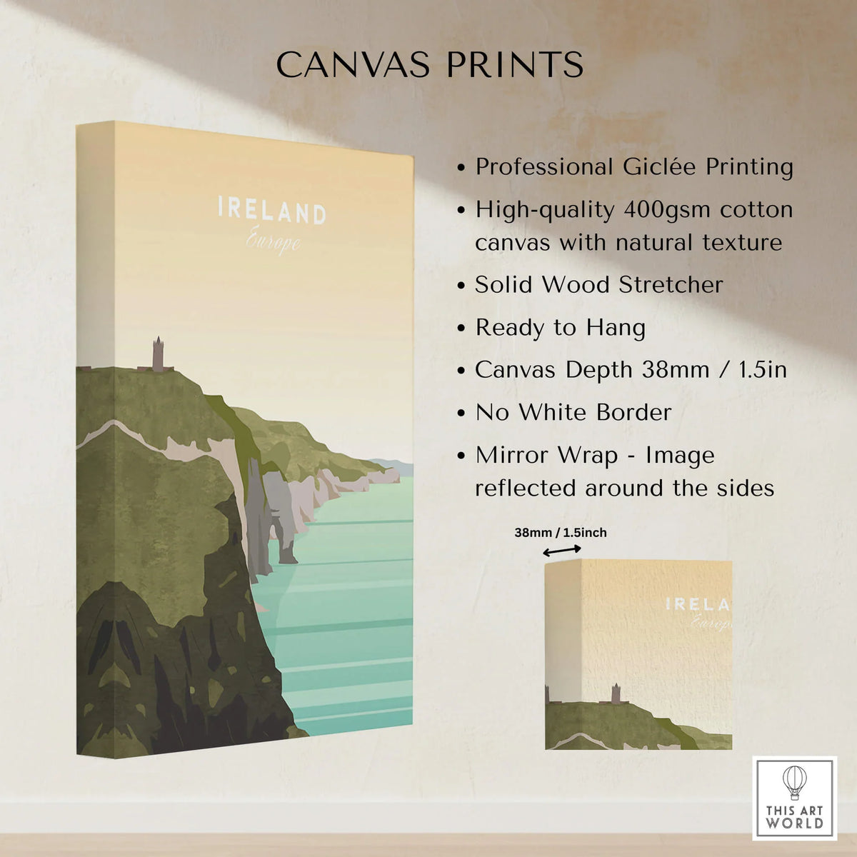 Ireland travel poster canvas print featuring cliffside landscape and ocean, wall art decor