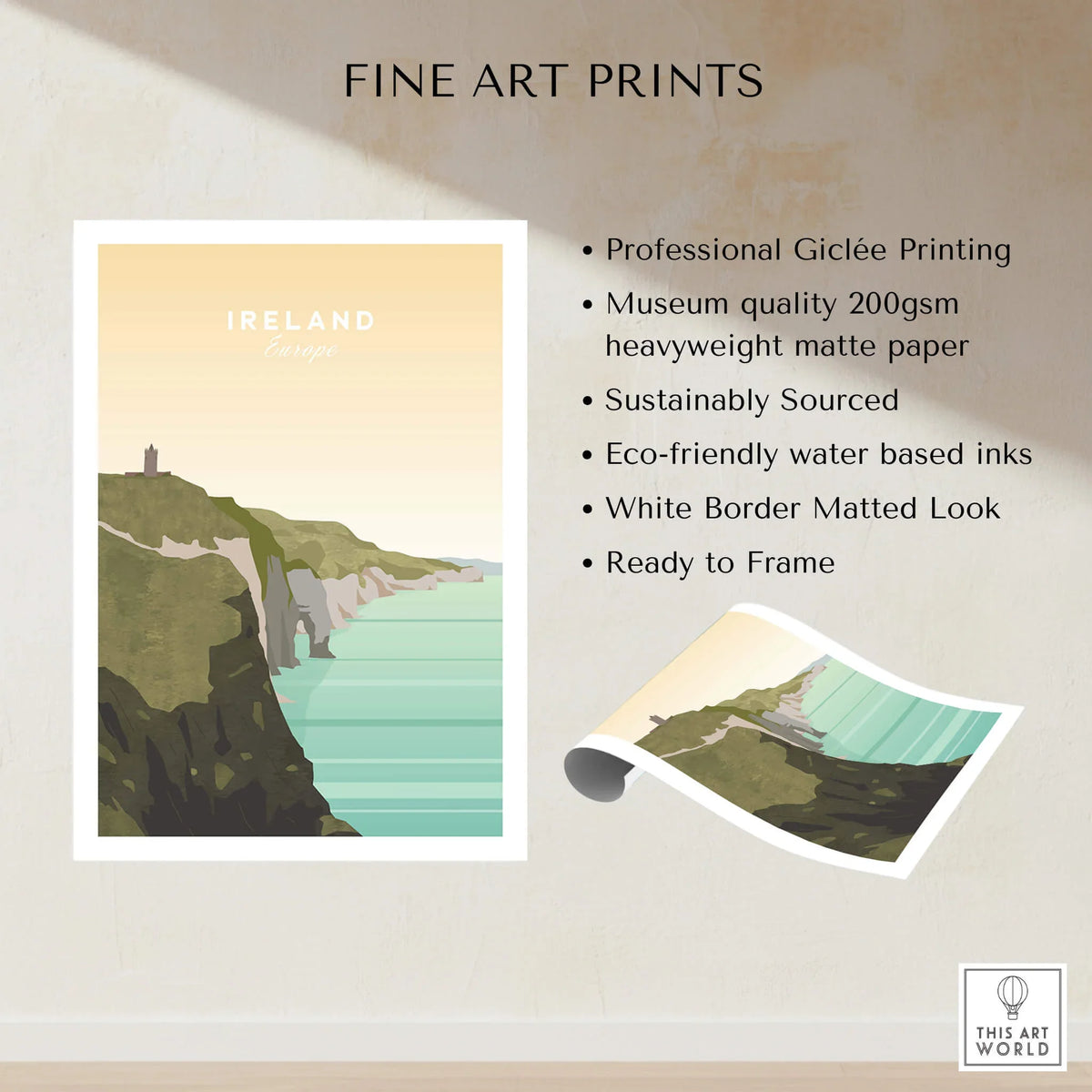 Ireland travel poster print, minimalist cliffs landscape wall art on matte paper