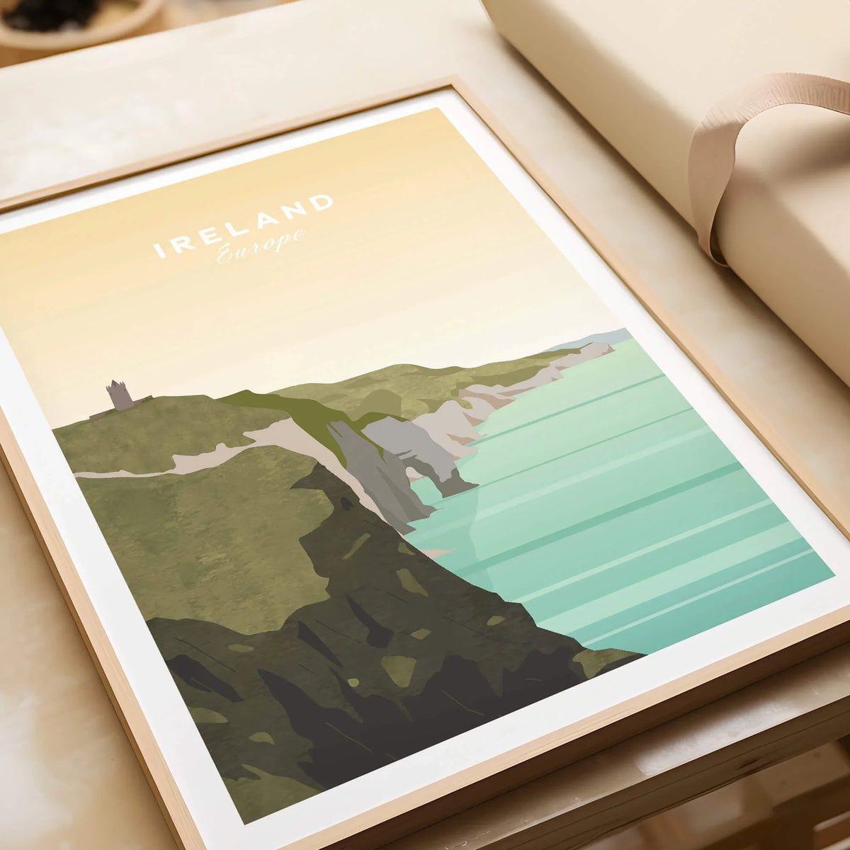 Ireland travel poster featuring scenic cliffs and turquoise ocean wall art print