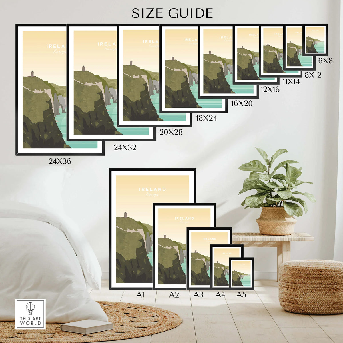 Ireland travel poster wall art size guide with coastal cliffs in various print sizes, bedroom decor.