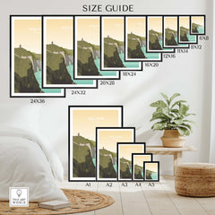Ireland Print | Wall Art Travel Poster size guide with various frame sizes and designs.