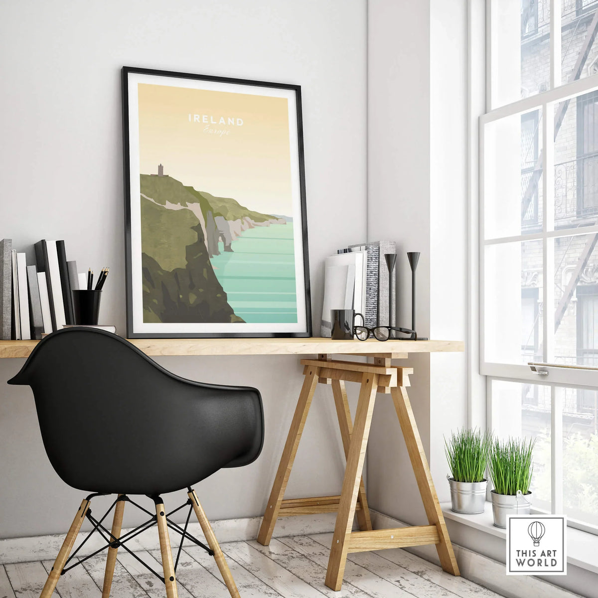 Modern desk with Ireland travel poster, coastal cliffs wall art, minimalist home decor