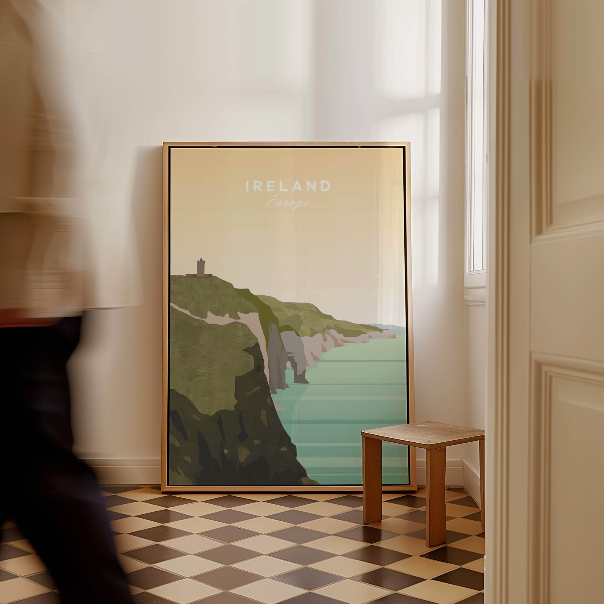 Ireland Print | Wall Art Travel Poster featuring a scenic cliffside view of Ireland in a stylish frame.