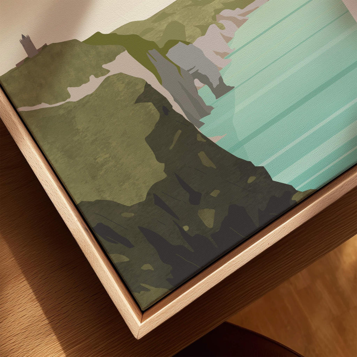 Ireland cliffs travel art print with green landscape and turquoise coastline in frame