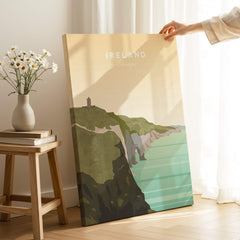 Ireland Print | Wall Art Travel Poster featuring a scenic coastal view of Ireland with cliffs and ocean.