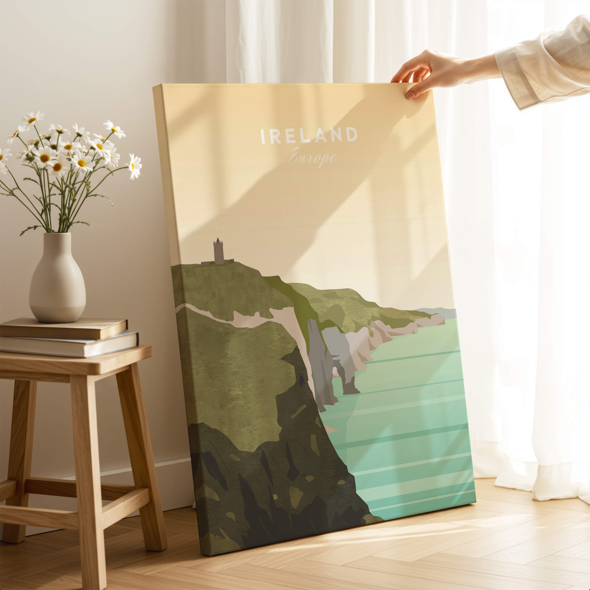 Ireland Print | Wall Art Travel Poster featuring a scenic coastal view of Ireland with cliffs and ocean.