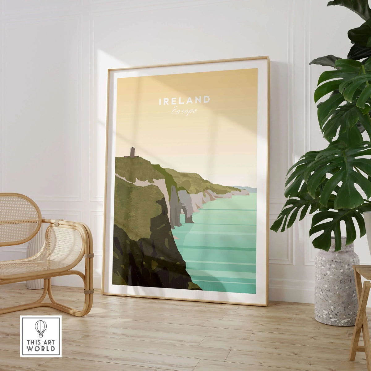 Ireland travel poster featuring scenic coastal cliffs in modern wall art decor
