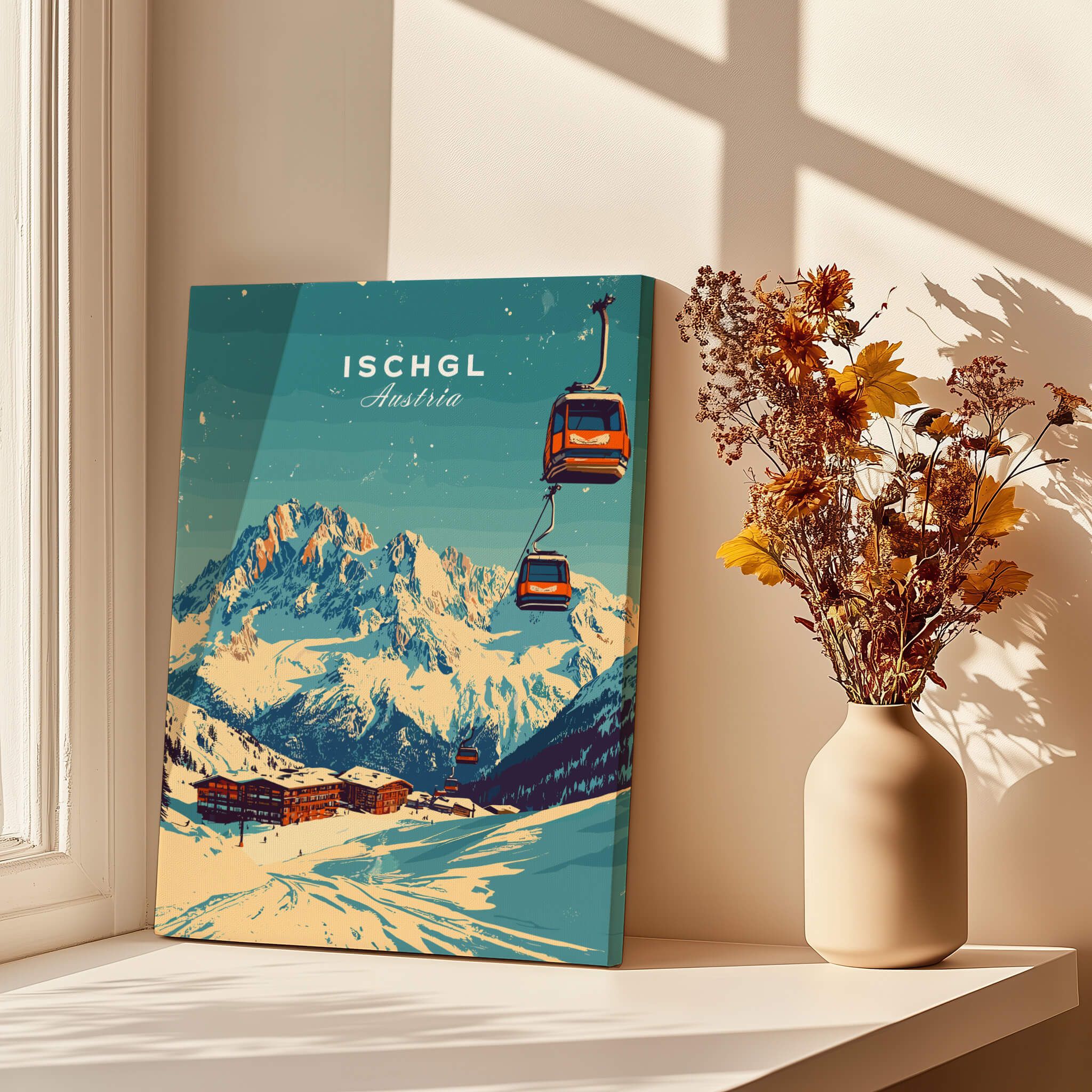 Ischgl Ski Print of a ski resort in Austria with a cable car over snowy mountains.