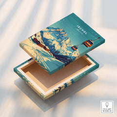 Ischgl Ski Print decorative box featuring a colorful mountain scene and ski gondolas, ideal for ski enthusiasts.