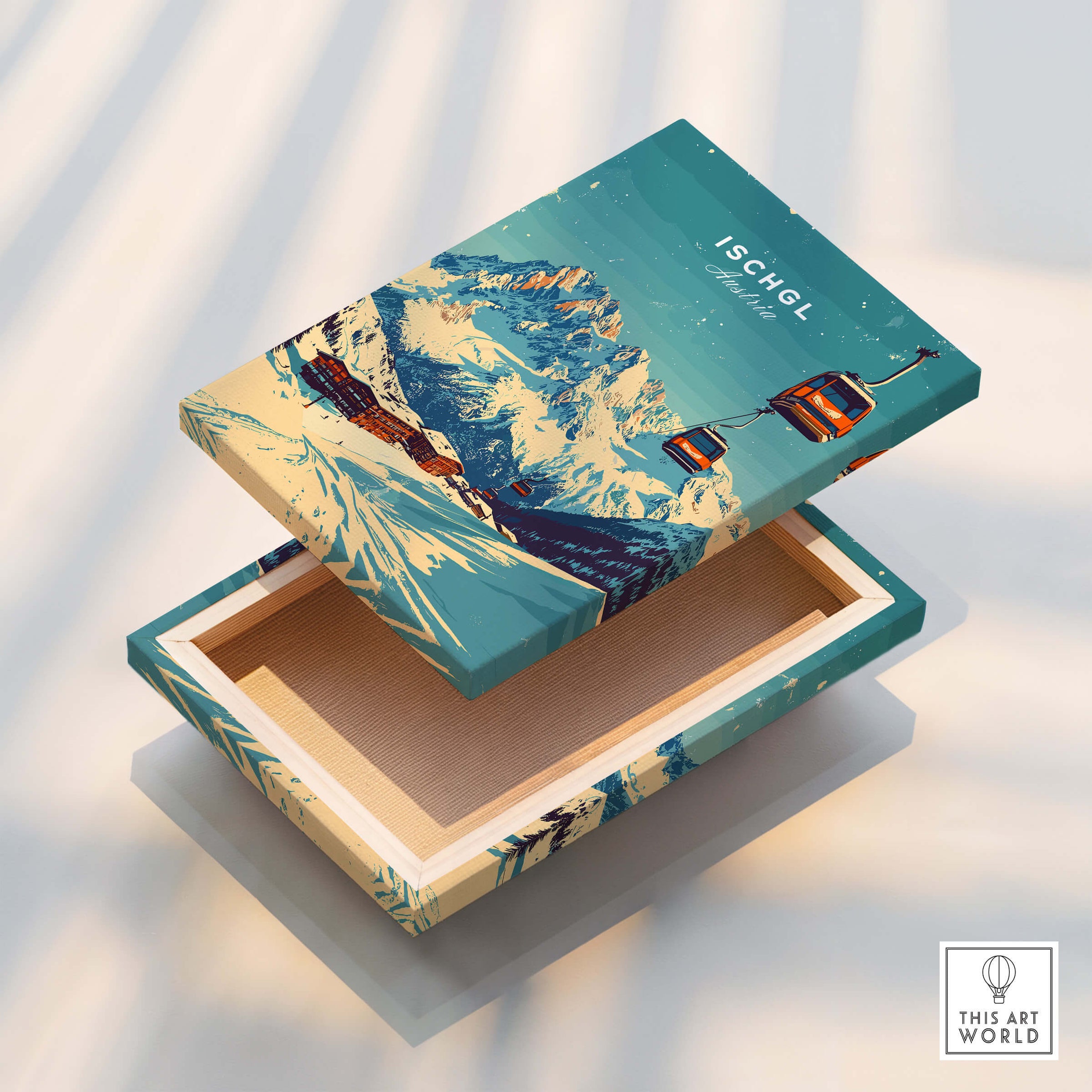 Ischgl Ski Print decorative box featuring a colorful mountain scene and ski gondolas, ideal for ski enthusiasts.
