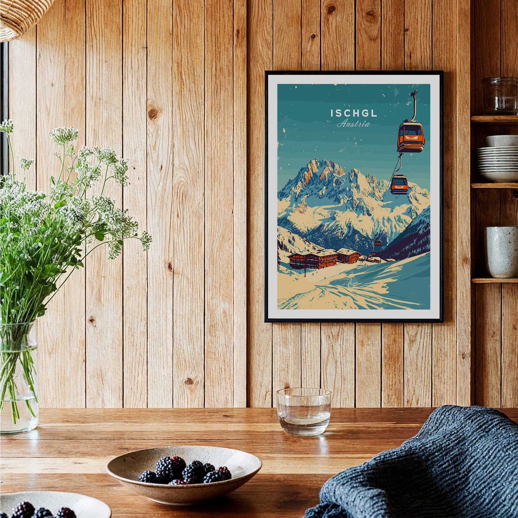 Ischgl Ski Print framed artwork depicting a stunning winter landscape in Ischgl, Austria, with ski lift and mountains.