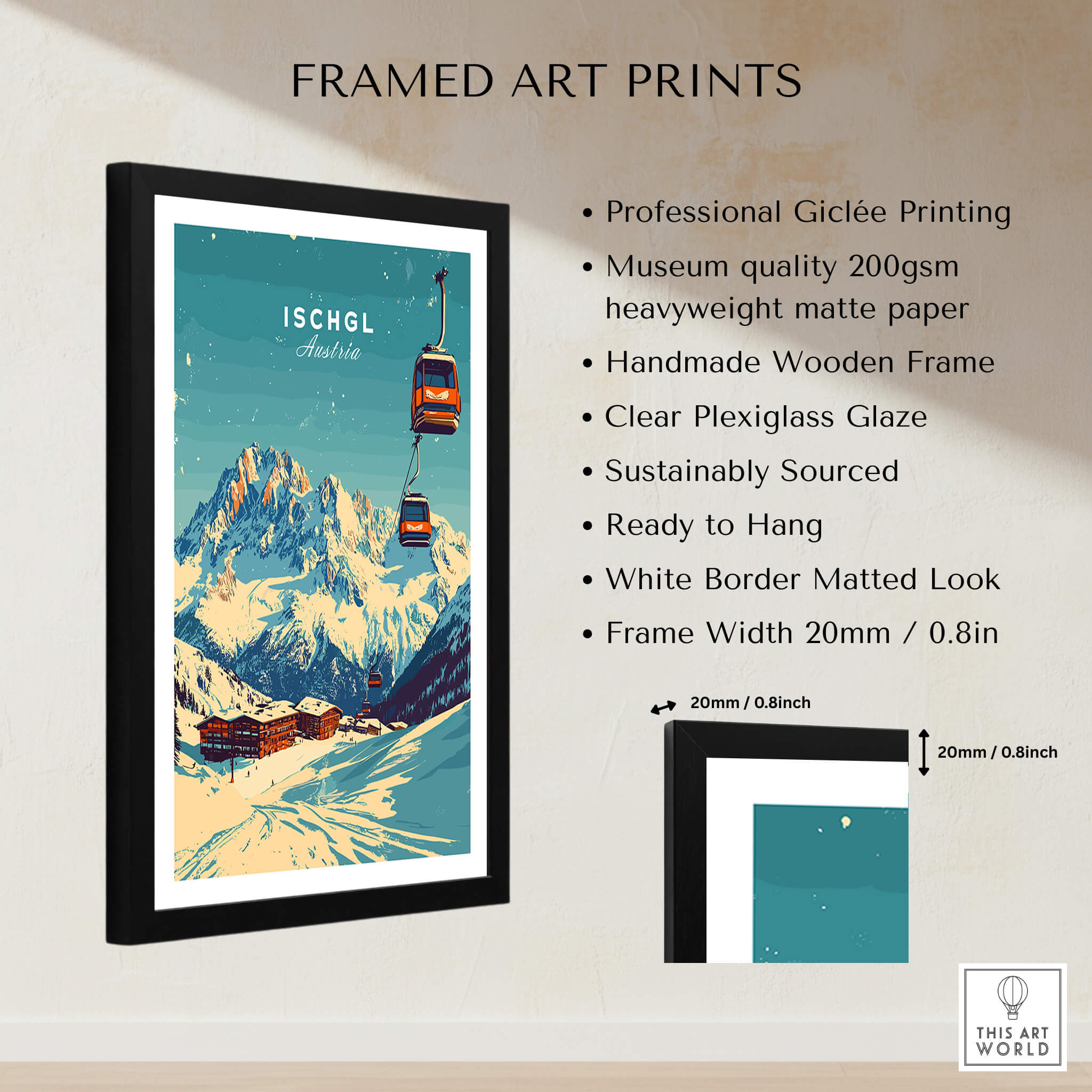 Ischgl Ski Print framed art showcasing Austria's ski resort with vibrant colors and detailed Giclée printing.