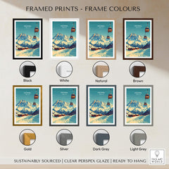 Ischgl Ski Print framed prints frame colours options including black, white, natural, brown, gold, silver, dark grey, light grey.