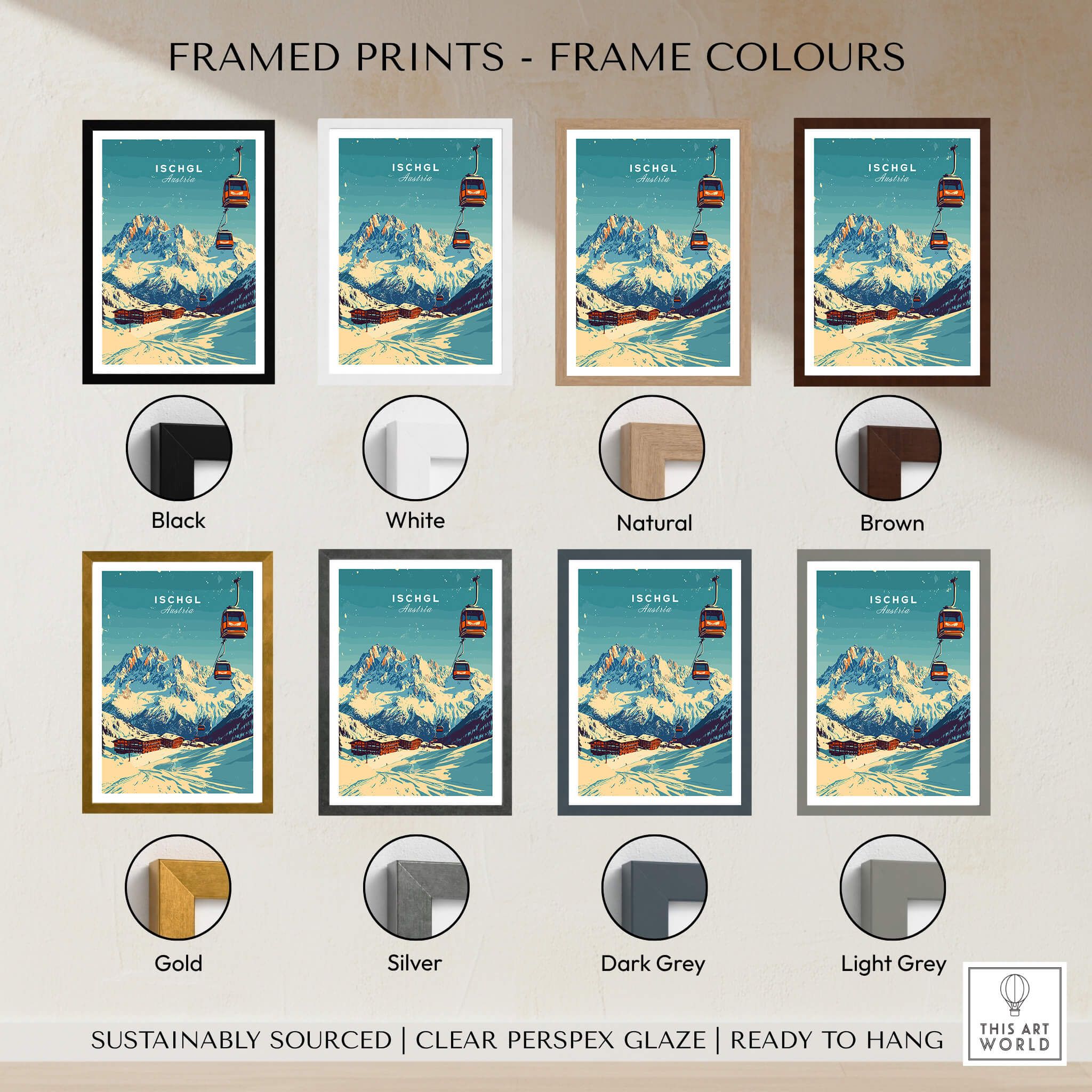 Ischgl Ski Print framed prints frame colours options including black, white, natural, brown, gold, silver, dark grey, light grey.