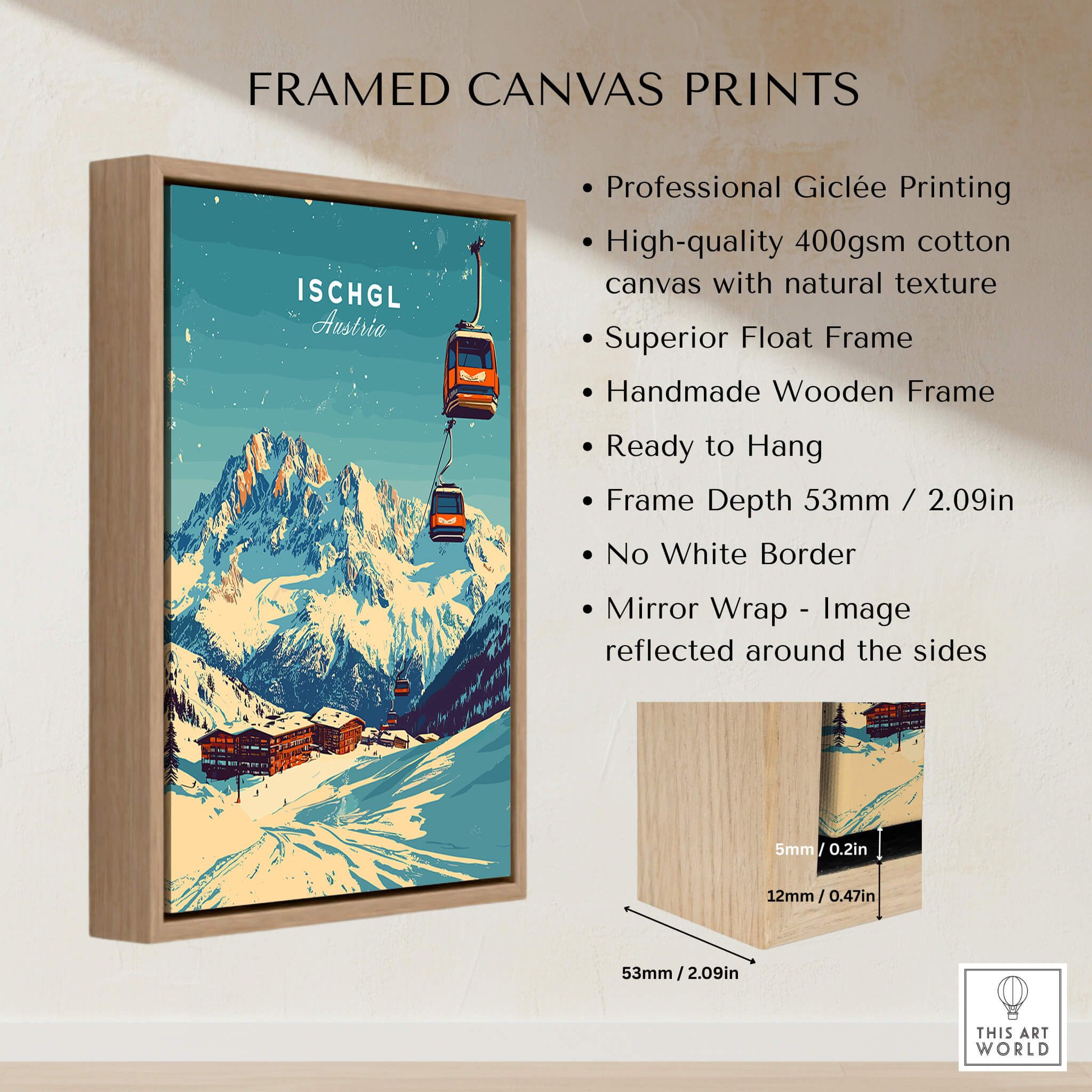 Ischgl Ski Print framed canvas print showcasing stunning mountain views and ski lifts in Austria.