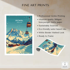 Ischgl Ski Print showcasing gondolas over snow-capped mountains in Austria, perfect for home or office decor.